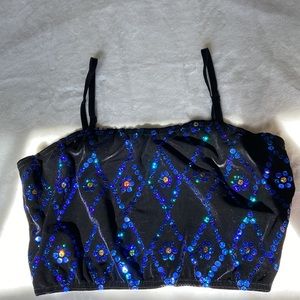 Vintage Blue Sequin Black Mini Crop Top Size Medium